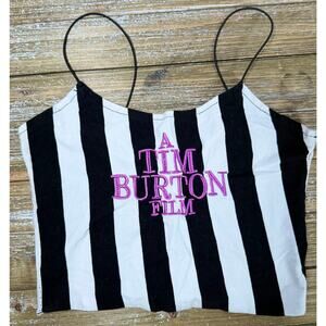 Tim Burton Film Crop Cami M Black White Stripe Goth Alt Y2K Style Beetlejuice
